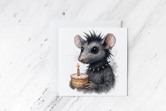 Birthday Goth Rat Card – Alternative Watercolour Rodent Art – Funny Dark Birthday Greeting – Handmade Punk Animal Card