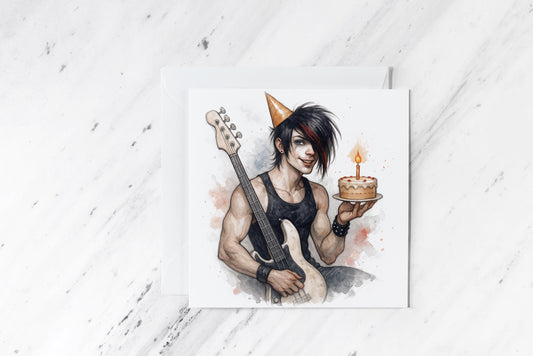 Goth Birthday Card for Him – Emo Boy with Guitar and Cake – Alternative Rock Birthday Card – Punk Rocker Greeting – Music Lover Gift