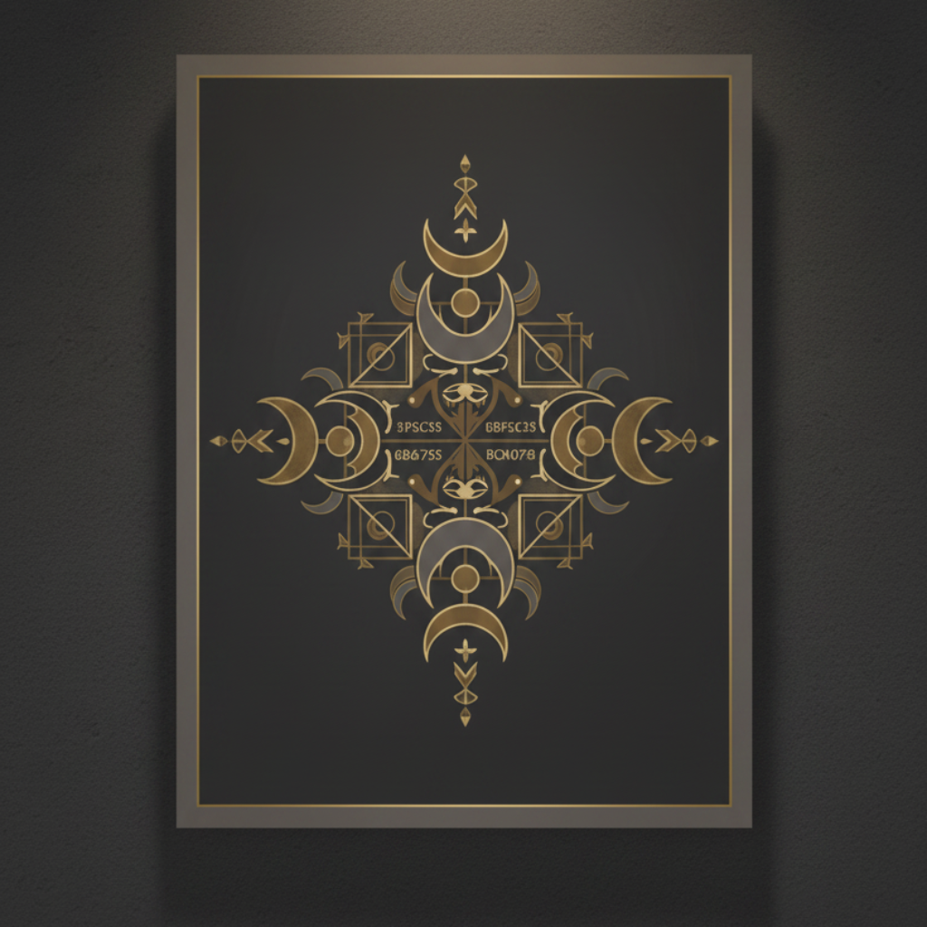 A vertical art print featuring a symmetrical celestial design in gold on a dark charcoal background, framed by a thin gold border and shown against a neutral gray wall.