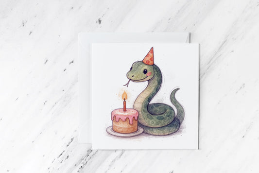Birthday Snake Card – Quirky Watercolour Reptile with Cake – Funny Animal Greeting – Handmade Nature Birthday Card