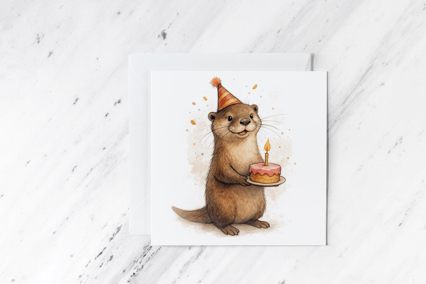 Birthday Otter Card – Cute Watercolour Animal with Cake – Funny Handmade Greeting – Adorable Wildlife Party Card