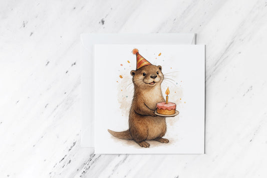 Birthday Otter Card – Cute Watercolour Animal with Cake – Funny Handmade Greeting – Adorable Wildlife Party Card