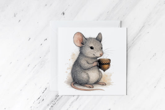 Tea Time Mouse Greeting Card – Whimsical Woodland Animal Illustration – Cozy Acorn Cup Art – Cottagecore Aesthetic Gift