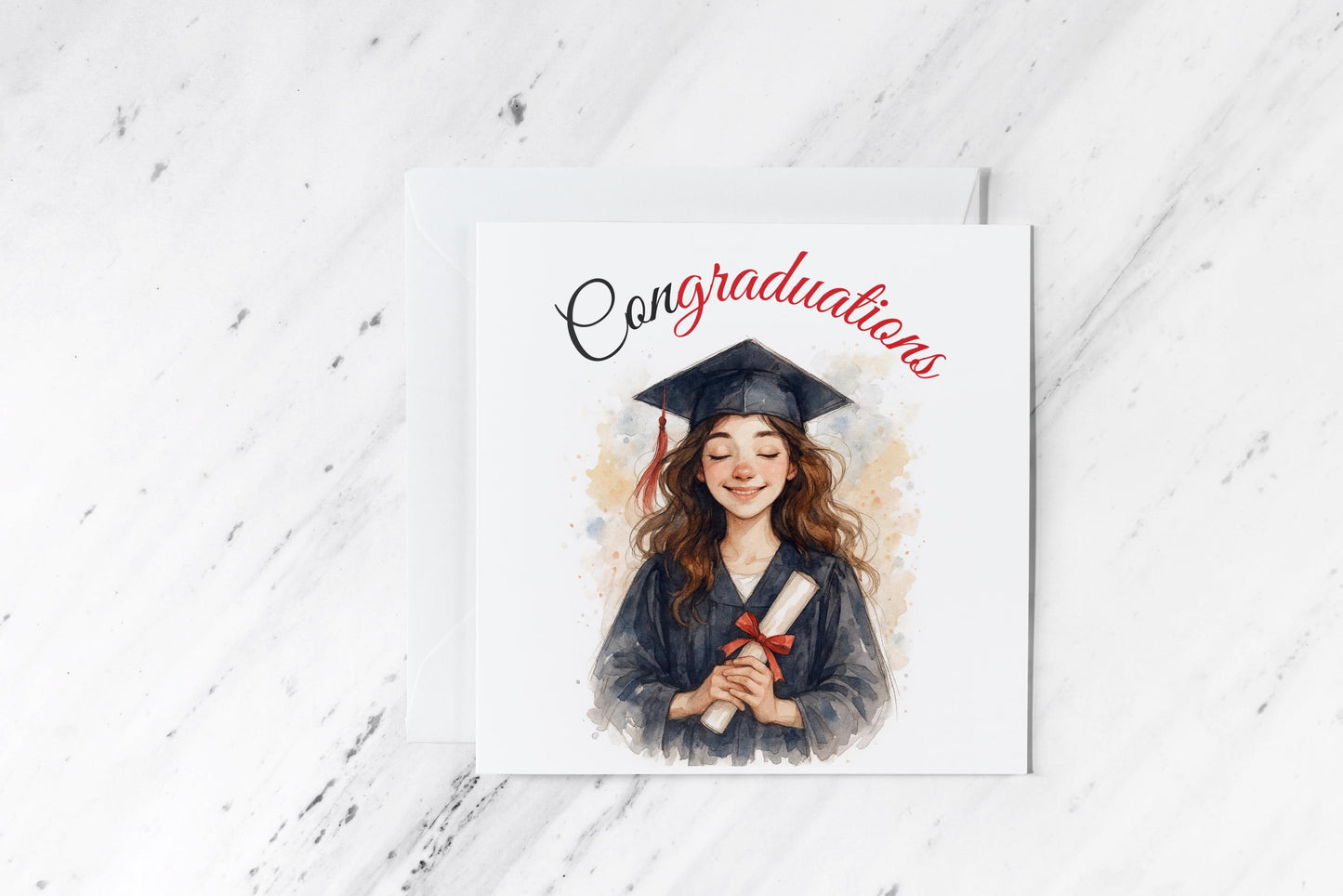 Graduation Card for Her – Watercolour Girl Graduate Illustration with Cap and Diploma – Congratulations Handmade Card – Class of Gift