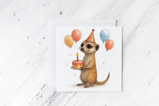 Birthday Meerkat Card – Cute Watercolour Animal with Cake – Funny Handmade Greeting – Quirky Wildlife Party Card