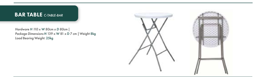 Folding bar table hardware shown open and folded with dimensions