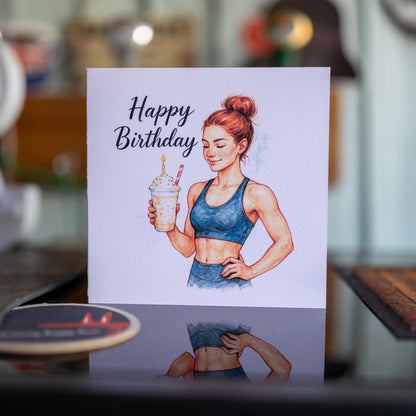 Fitness Birthday Card – Healthy Girl with Protein Shake & Candle – Workout-Inspired Greeting – Handmade Fun Card for Gym Lovers