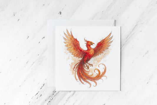 Phoenix Greeting Card – Firebird Watercolour Illustration – Mythical Creature Fantasy Art – Rebirth Symbol – Handmade Blank Card