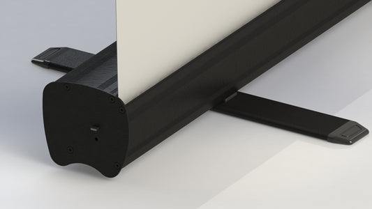 Close view of the black Entry roller banner cassette and stabilising feet
