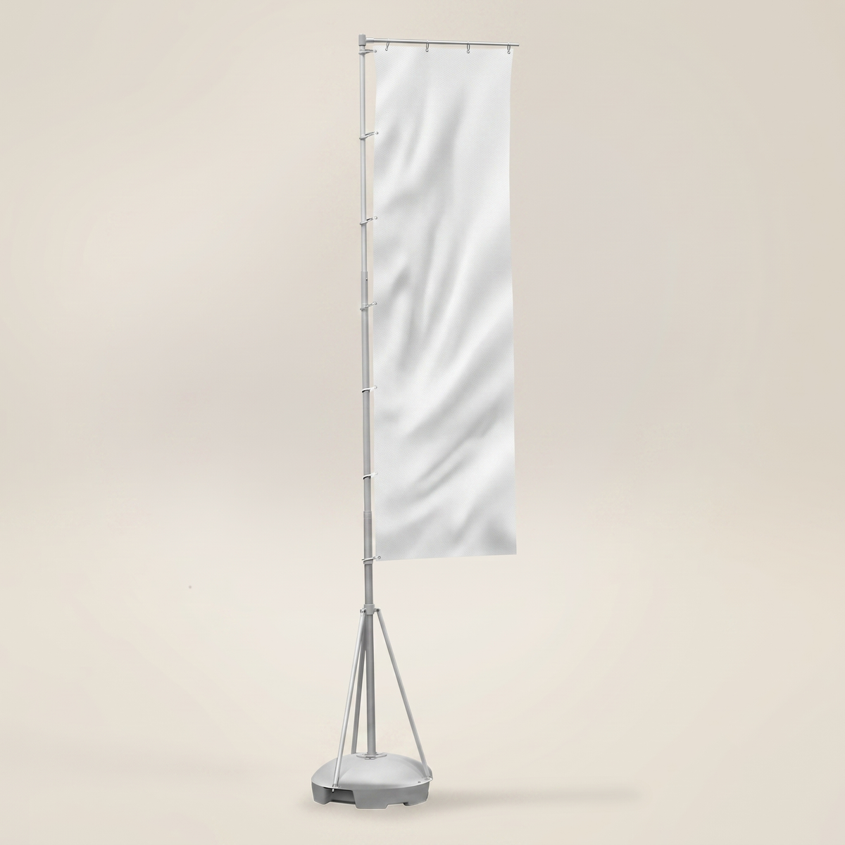 Blank custom telescopic flag system showing printable flag, telescopic pole and moulded water base.