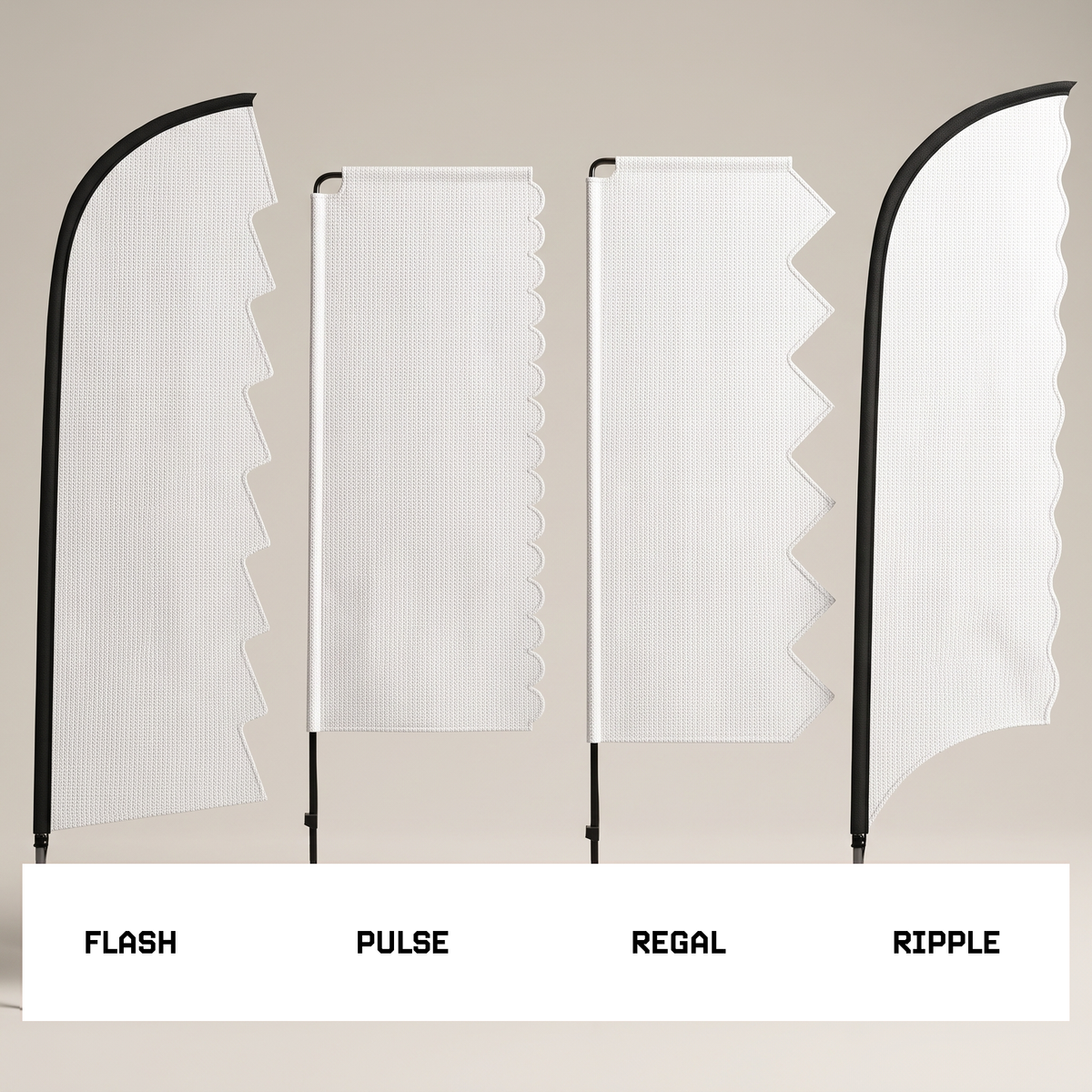 Blank white Festival and Event flag shapes showing Flash, Pulse, Regal and Ripple profiles for custom printing.