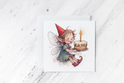 Birthday Fairy Girl Card – Whimsical Watercolour Illustration – Magical Woodland Birthday – Handmade Fantasy Greeting Card