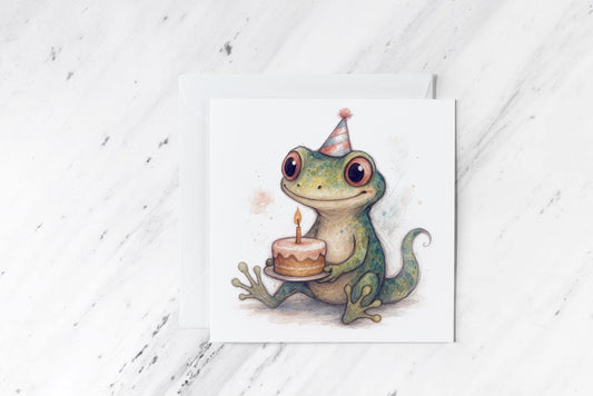 Birthday Gecko Card – Cute Reptile with Cake Illustration – Funny Watercolour Lizard Greeting – Handmade Animal Lover Card