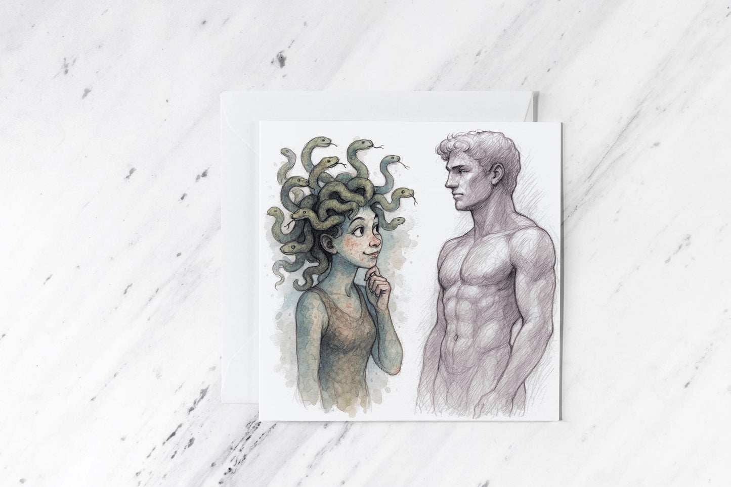 Funny Medusa Card – Mythology-Inspired Stone-Cold Romance – Greek Myth Humour Greeting – Hand-Drawn Watercolour Illustration