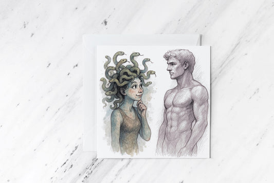Funny Medusa Card – Mythology-Inspired Stone-Cold Romance – Greek Myth Humour Greeting – Hand-Drawn Watercolour Illustration