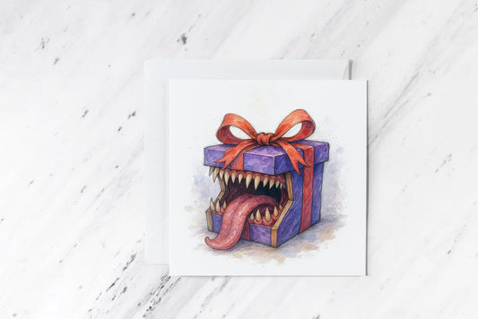 Mimic Birthday Card – Funny DnD Monster Gift Box Illustration – RPG Fantasy Greeting for Gamers – Creepy Cute Present Card – Handmade