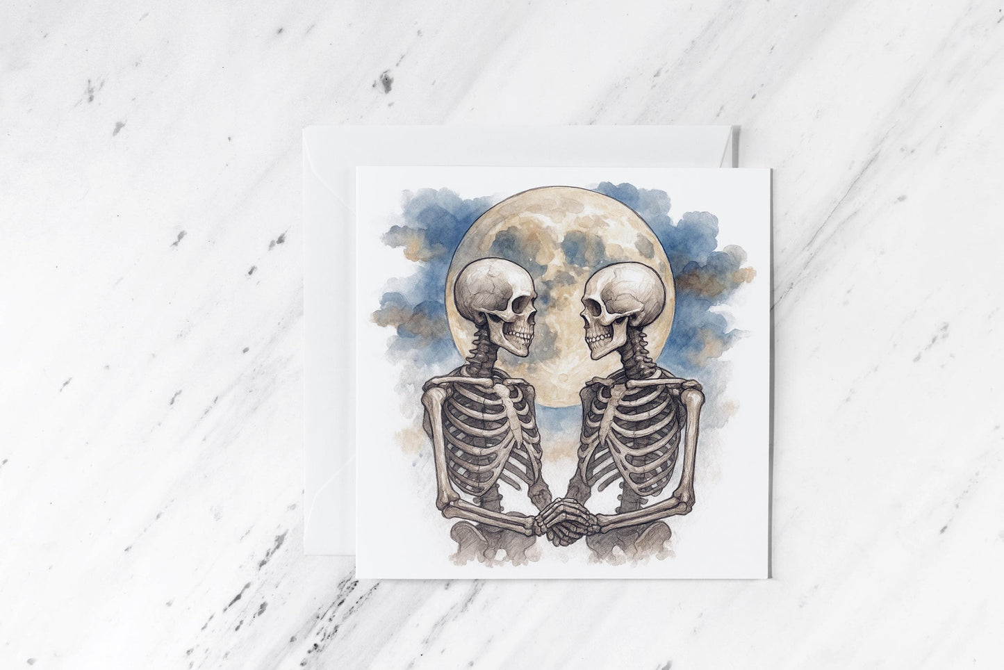 Gay Skeleton Lovers Card – Queer Gothic Watercolour Romance – LGBTQ+ Alternative Love Greeting – Handmade Spooky Couple Card