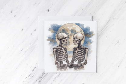 Gay Skeleton Lovers Card – Queer Gothic Watercolour Romance – LGBTQ+ Alternative Love Greeting – Handmade Spooky Couple Card