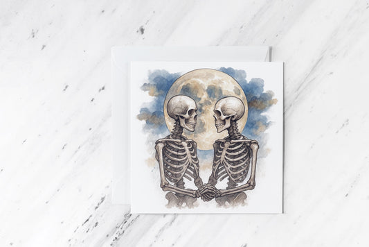 Gay Skeleton Lovers Card – Queer Gothic Watercolour Romance – LGBTQ+ Alternative Love Greeting – Handmade Spooky Couple Card