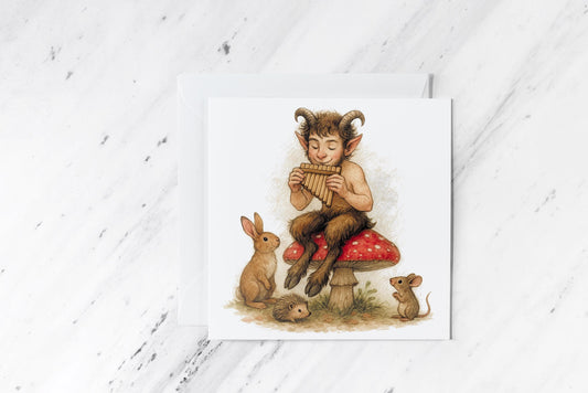 Pan Pipes Satyr Card – Mythical Woodland Creature Illustration – Cute Faun Playing Music – Fantasy Forest Greeting – Handmade Card