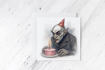 Birthday Nosferatu Card – Gothic Vampire Watercolour Art – Classic Horror Birthday Greeting – Handmade Dark Humour Card