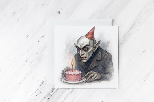 Birthday Nosferatu Card – Gothic Vampire Watercolour Art – Classic Horror Birthday Greeting – Handmade Dark Humour Card