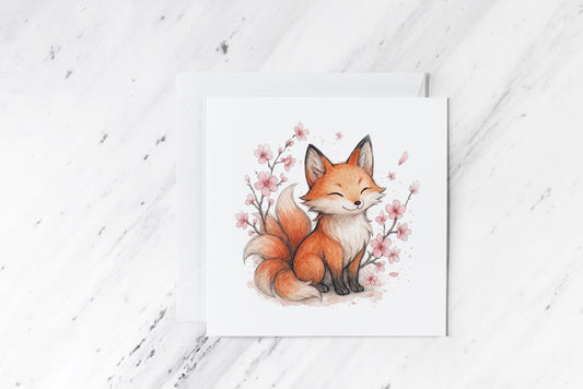 Blushing Fox Greeting Card – Cherry Blossom Floral Illustration – Whimsical Woodland Creature – Cute Forest Fox Stationery – Blank Card
