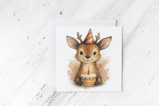 Cute Deer Birthday Card – Woodland Animal with Cake Illustration – Nature-Inspired Greeting – Handmade Forest Celebration Card