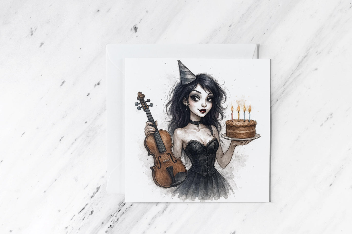 Goth Girl Birthday Card – Dark Aesthetic Violinist – Gothic Birthday Greeting – Alternative Gift – Black Corset Violin Cake Illustration