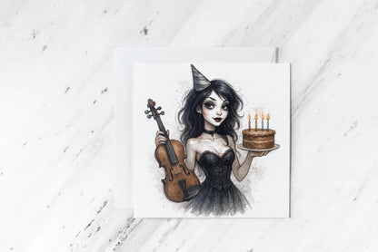 Goth Girl Birthday Card – Dark Aesthetic Violinist – Gothic Birthday Greeting – Alternative Gift – Black Corset Violin Cake Illustration