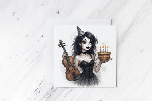 Goth Girl Birthday Card – Dark Aesthetic Violinist – Gothic Birthday Greeting – Alternative Gift – Black Corset Violin Cake Illustration