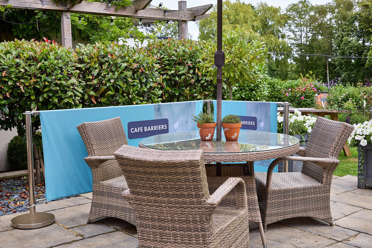 Chrome Cafe Barrier system around an outdoor seating area
