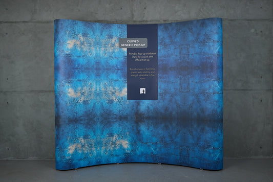 Exact curved generic pop-up shown with supplier sample artwork. Suitable as a family image; not variant-specific.