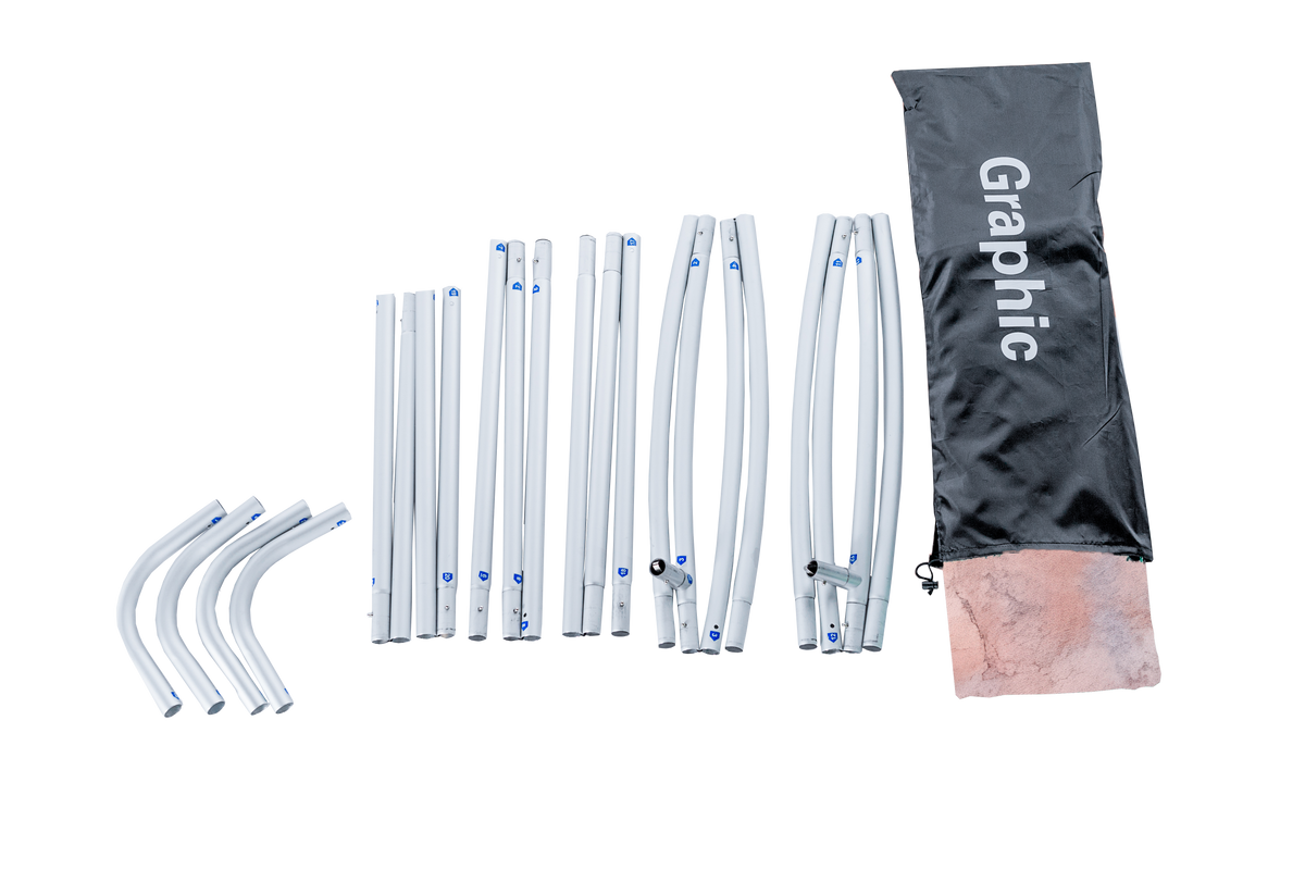 Curved tube display components with frame sections, fabric graphic and carry bag
