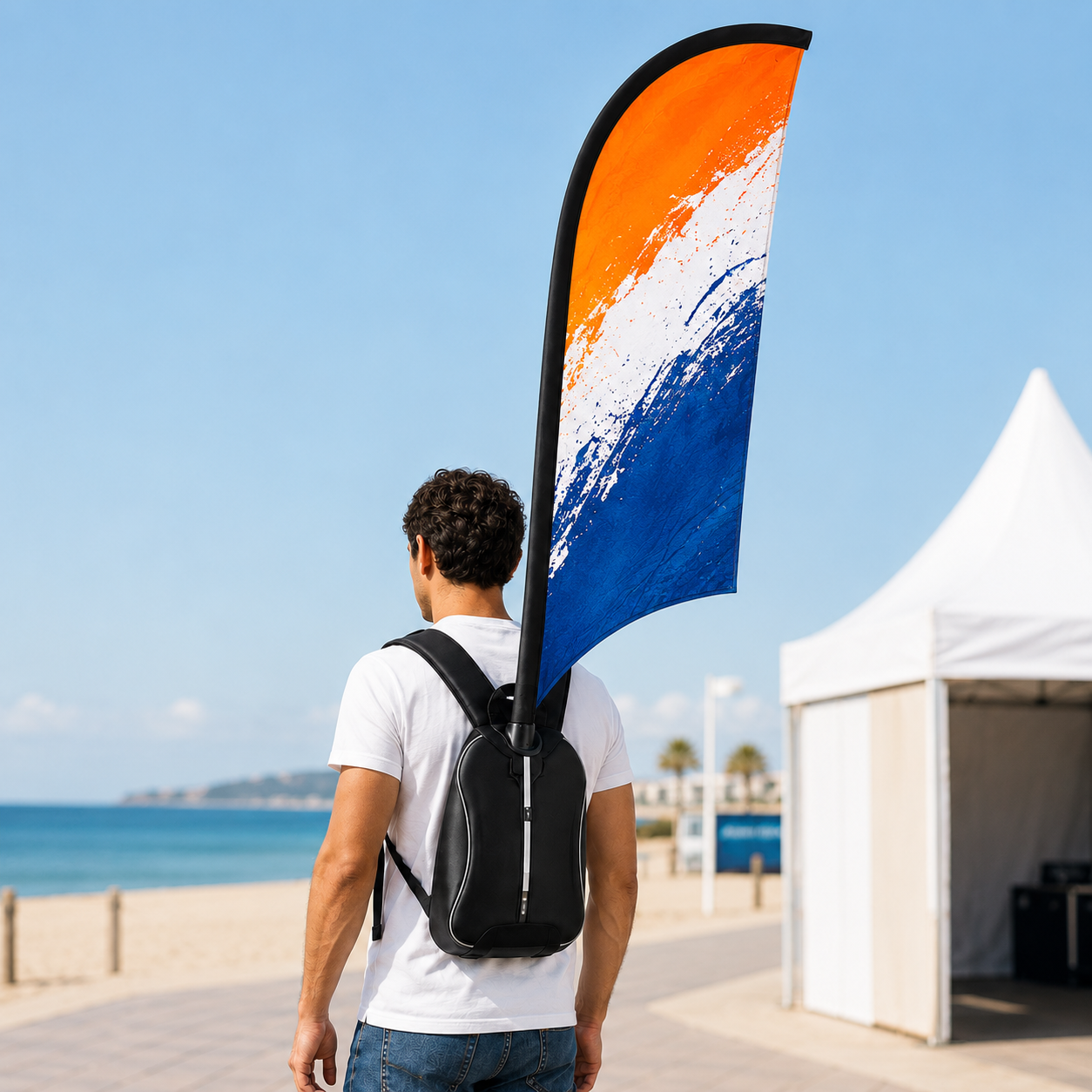 Custom Backpack Flag in Blade shape worn for mobile event promotion