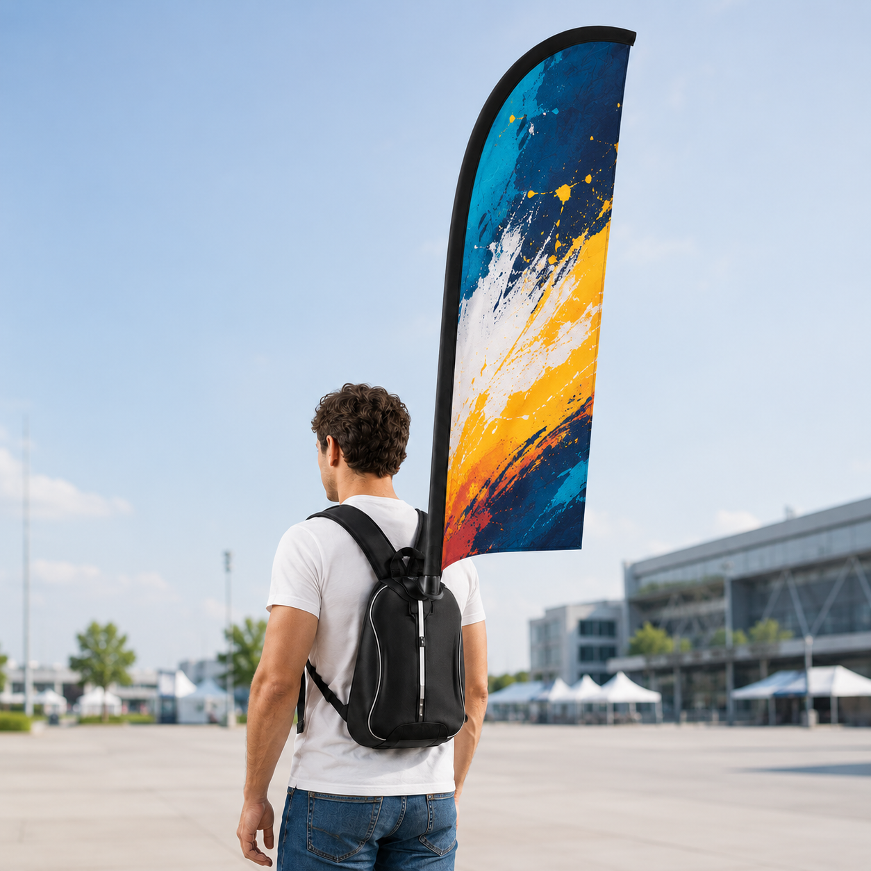 Custom Backpack Flag in Feather shape worn for mobile event promotion