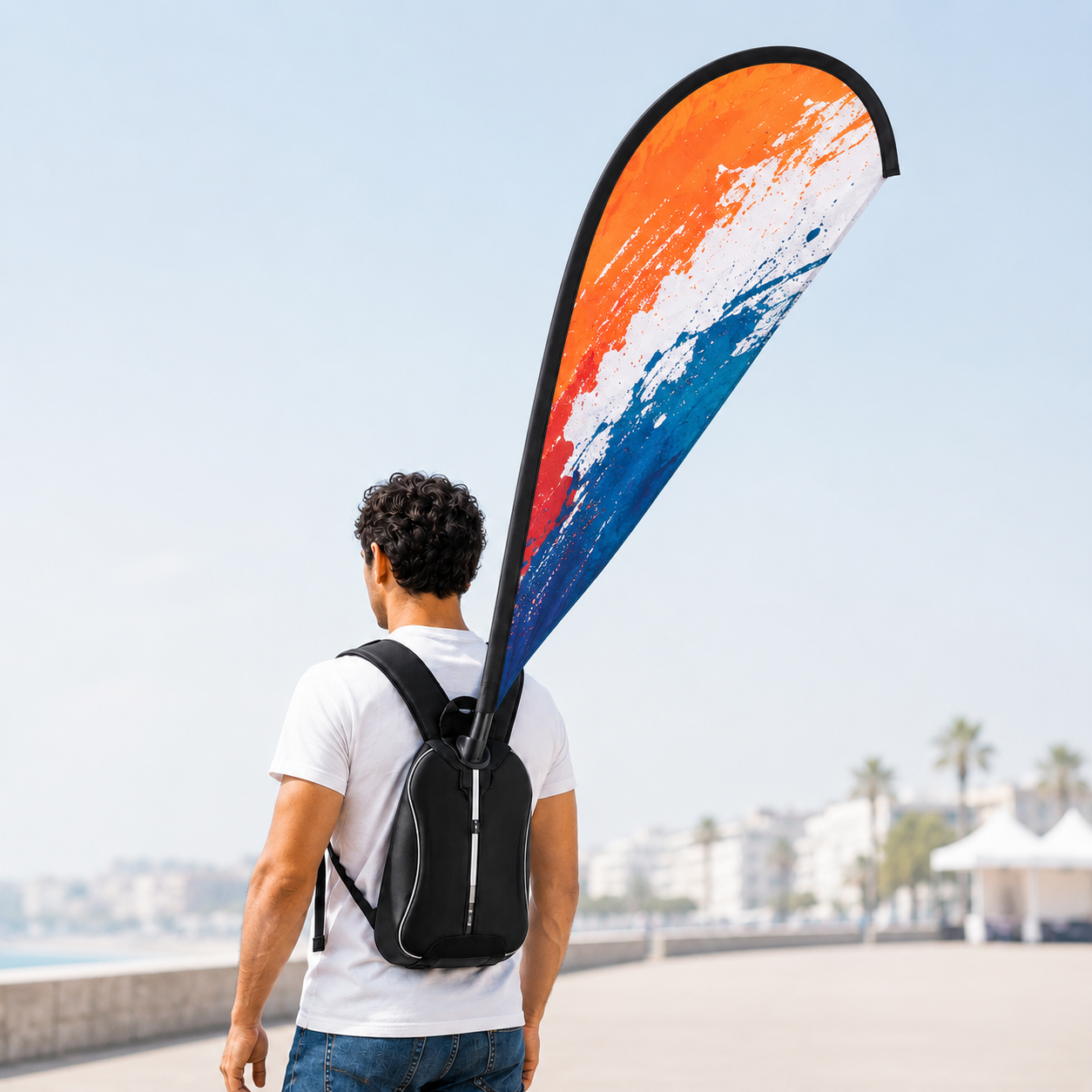 Custom Backpack Flag in Teardrop shape worn for mobile event promotion