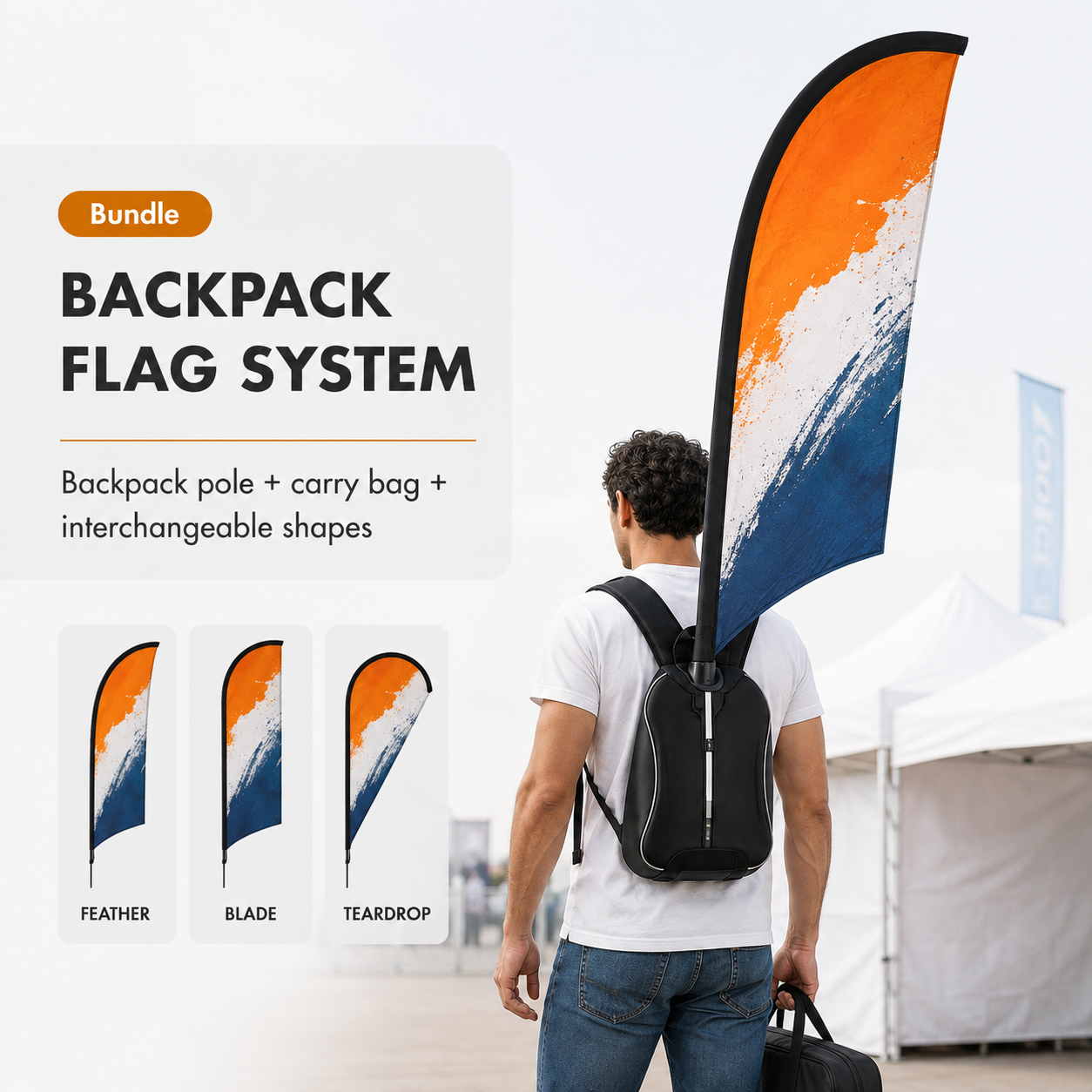 Custom Backpack Flag system worn at an outdoor event with Feather, Blade and Teardrop shape options