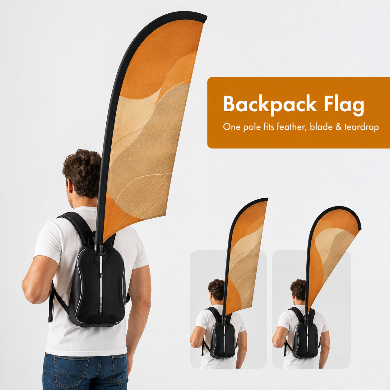 Wearable 1.3m custom Backpack Flag with interchangeable Feather, Blade and Teardrop graphics