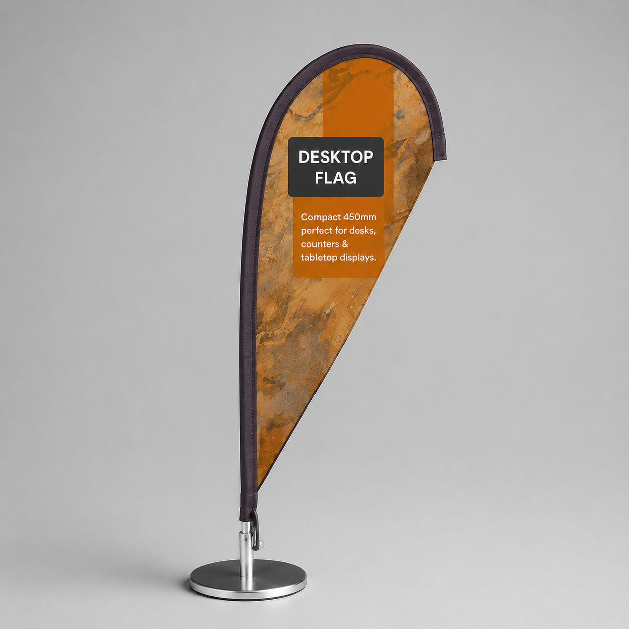 450 mm custom printed desktop flag on a chrome tabletop pole and round weighted base.
