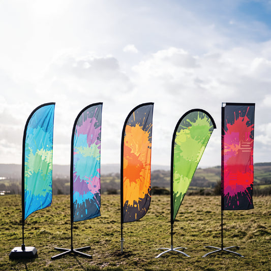 Colourful custom printed Full Fibre flags showcasing vibrant outdoor display graphics.
