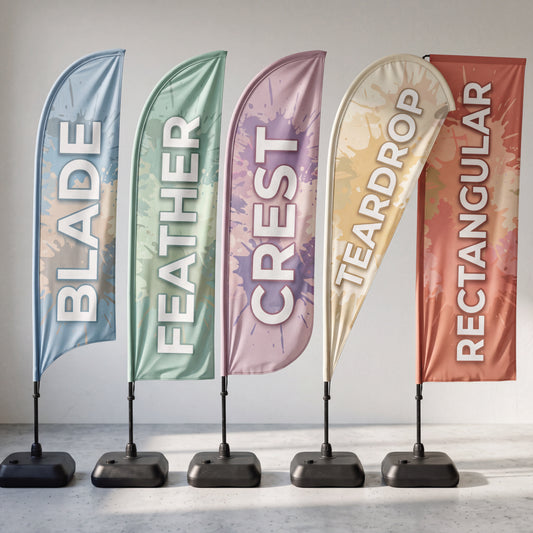 Custom Full Fibre promotional flags in multiple shapes displayed together.