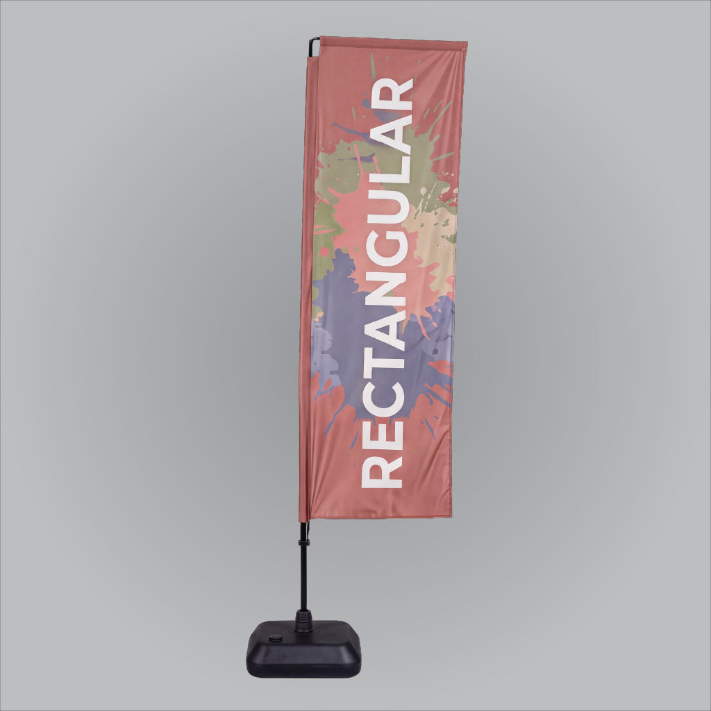 Custom Full Fibre Rectangle flag shown in an outdoor promotional display setting.