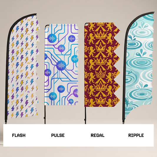 Four custom printed Festival and Event flags showing colourful artwork across Flash, Pulse, Regal and Ripple shapes.