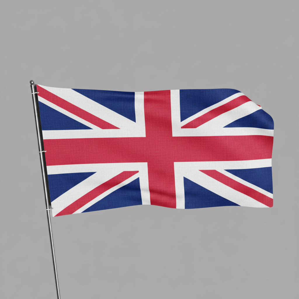 A small United Kingdom flag on a silver metal pole, shown waving against a solid gray background.