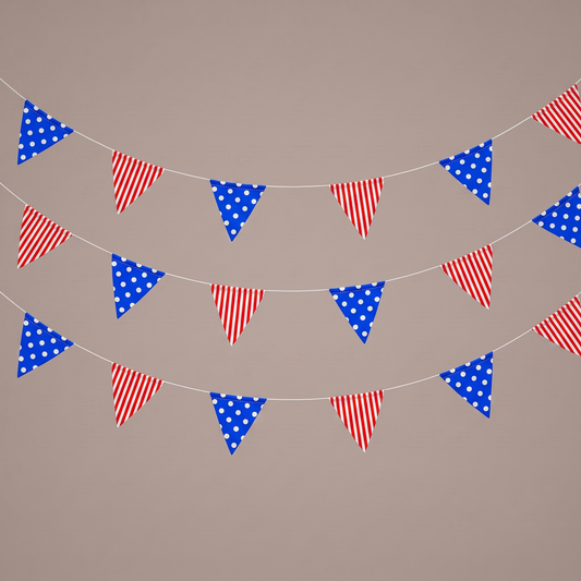 Full custom triangle bunting set with red, white and blue printed pennants for an event display.