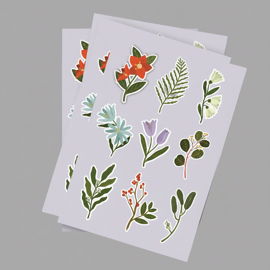 Three sheets of botanical stickers with various illustrated flowers and leaves, displayed on a neutral gray background.