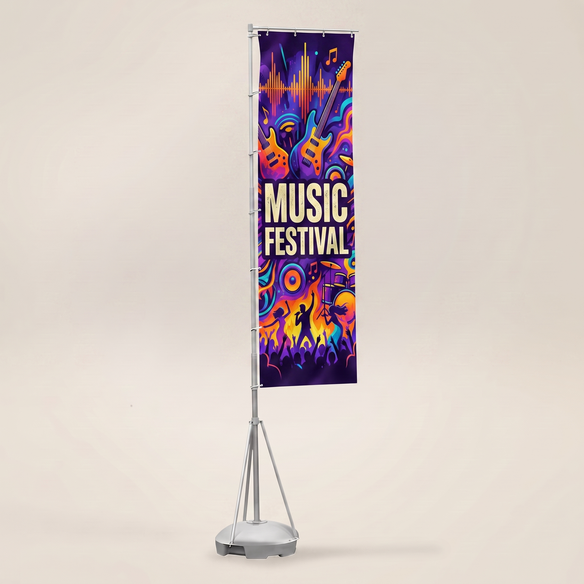 Custom telescopic promotional flag with music festival artwork on a moulded water base.