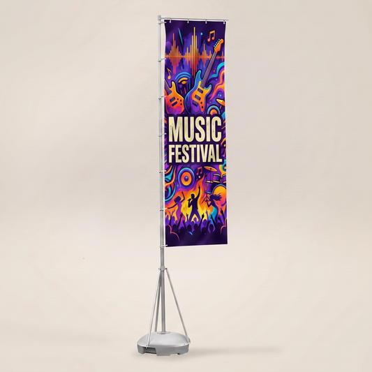 Custom telescopic promotional flag with music festival artwork on a moulded water base.