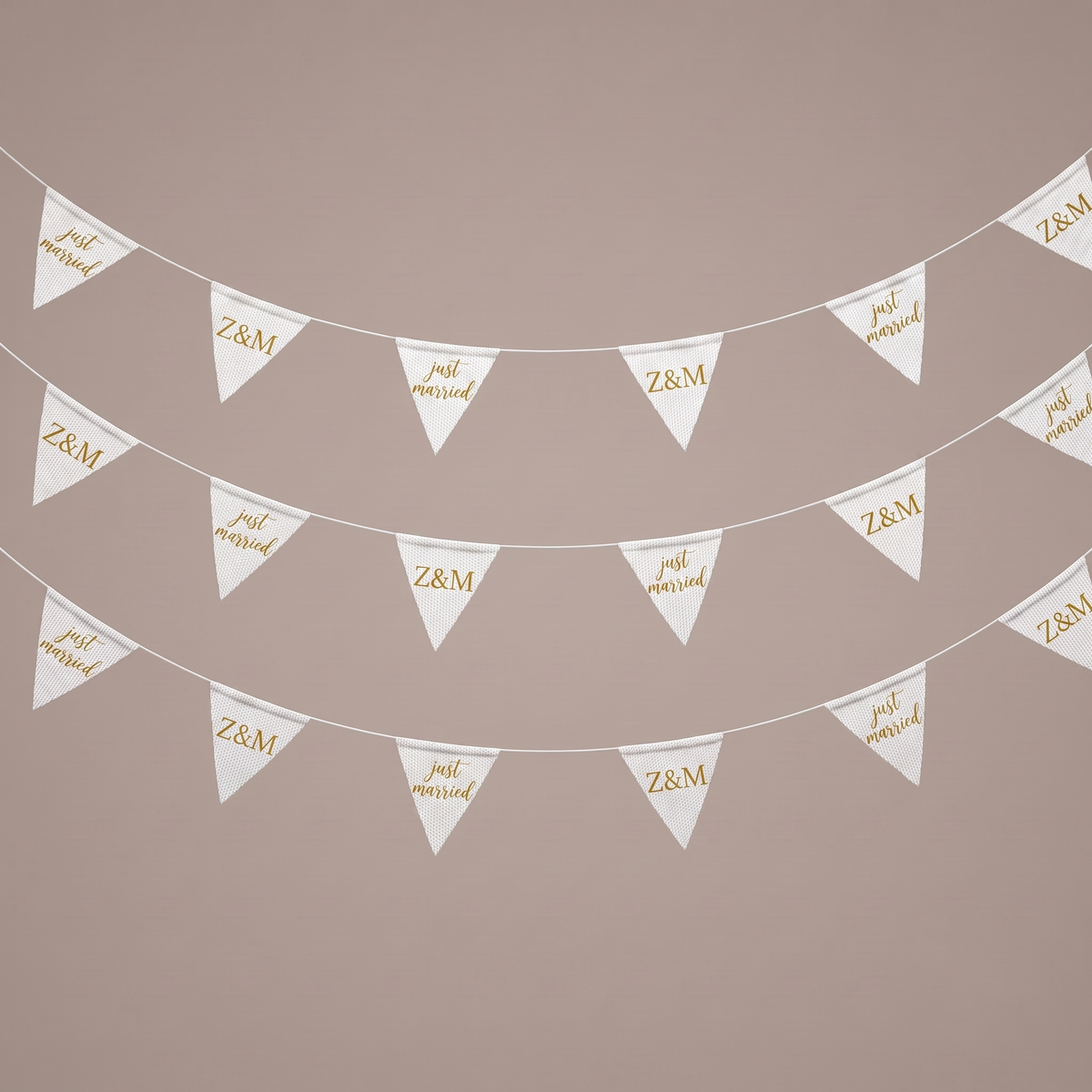 Custom wedding triangle bunting full set with Just Married wording and personalised initials.